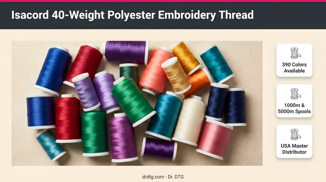 Isacord 40-weight polyester embroidery thread spools in multiple colors displayed