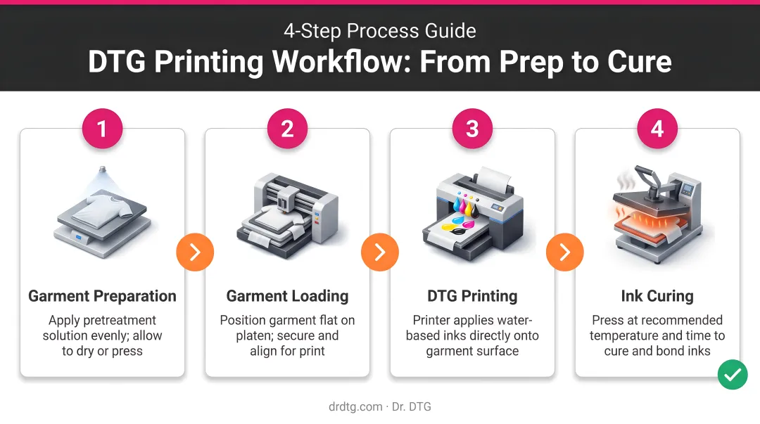 4-step DTG printing workflow from garment preparation to ink curing