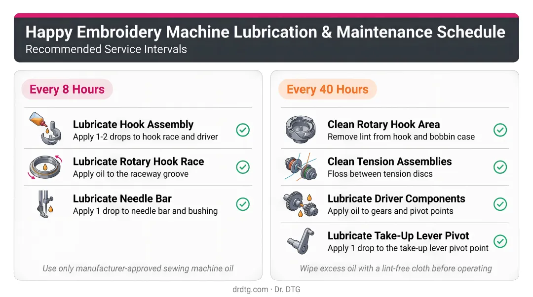Happy embroidery machine lubrication schedule every 8 hours and 40 hours maintenance intervals
