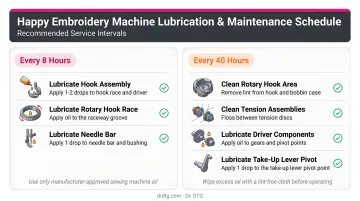 Happy embroidery machine lubrication schedule every 8 hours and 40 hours maintenance intervals