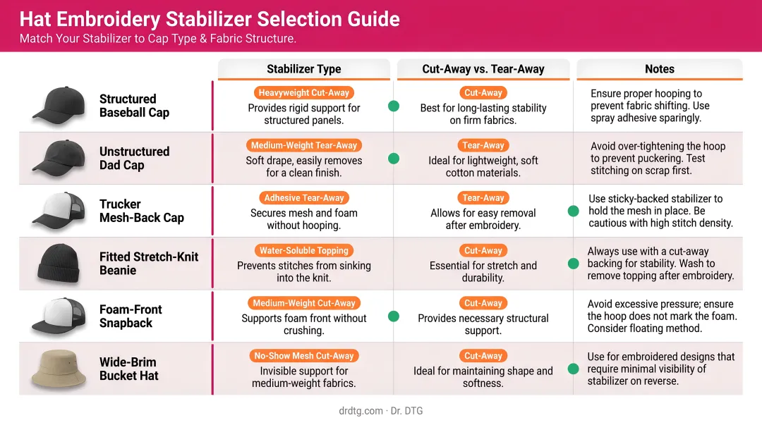 Hat embroidery stabilizer selection guide by cap type and fabric structure