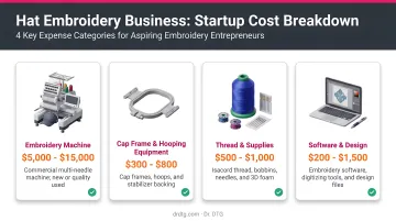 Hat embroidery business startup cost breakdown infographic with four key expense categories