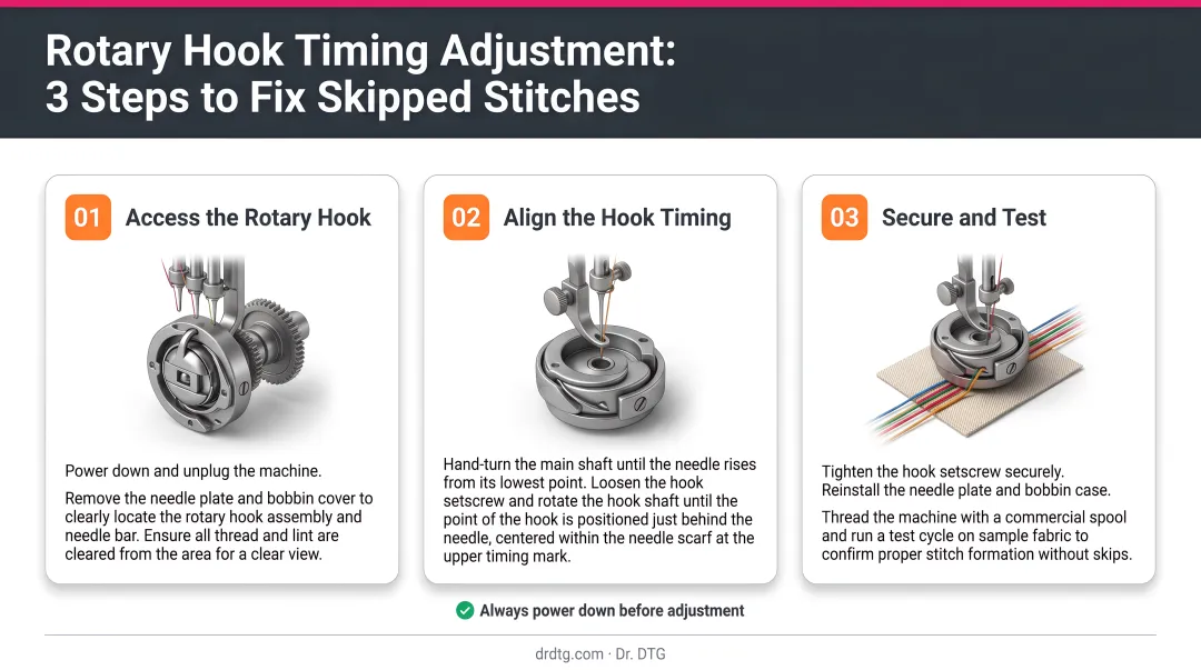 Rotary hook timing adjustment three-step process for skipped stitch repair