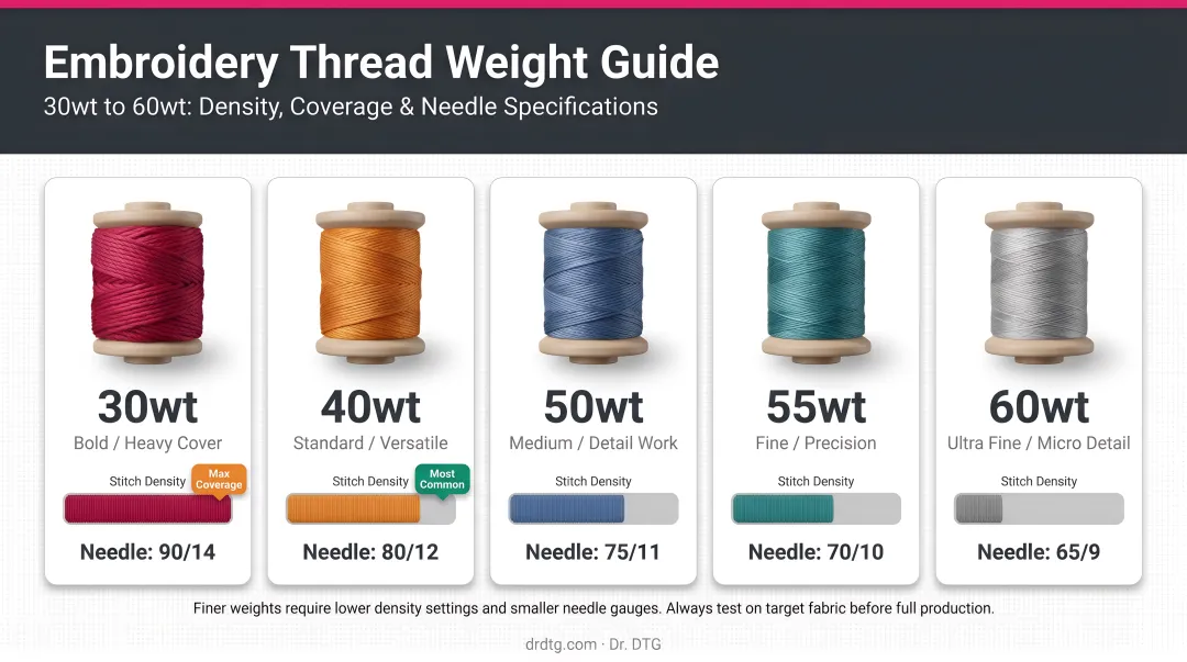 Embroidery thread weight comparison chart from 30wt bold to 60wt fine with density and needle specs