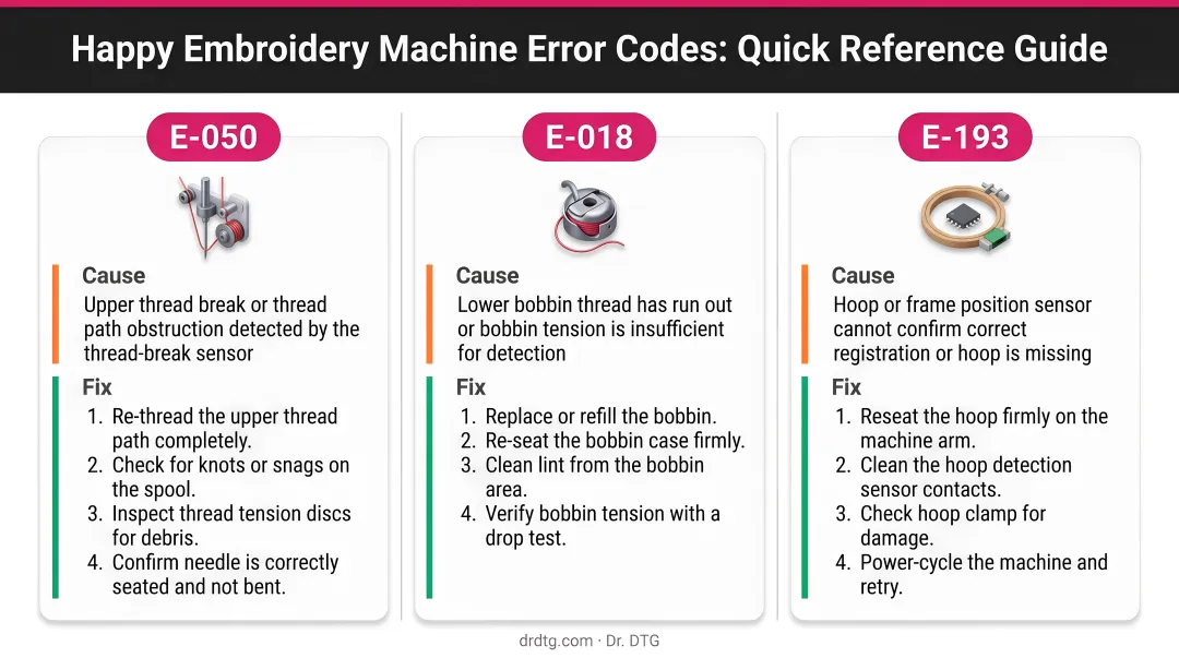 Happy embroidery machine error codes E-050 E-018 E-193 causes and fixes reference chart