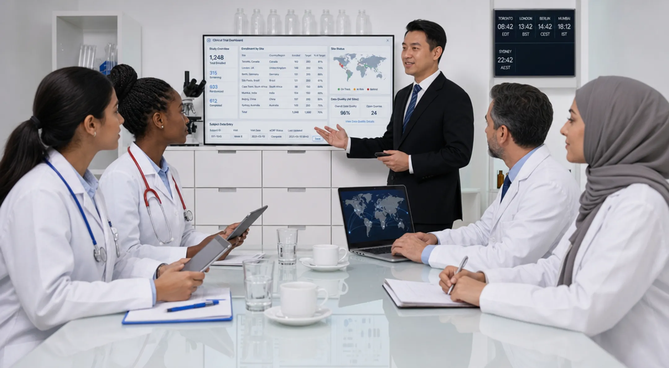 Clinical trial site staff managing electronic data capture across regions