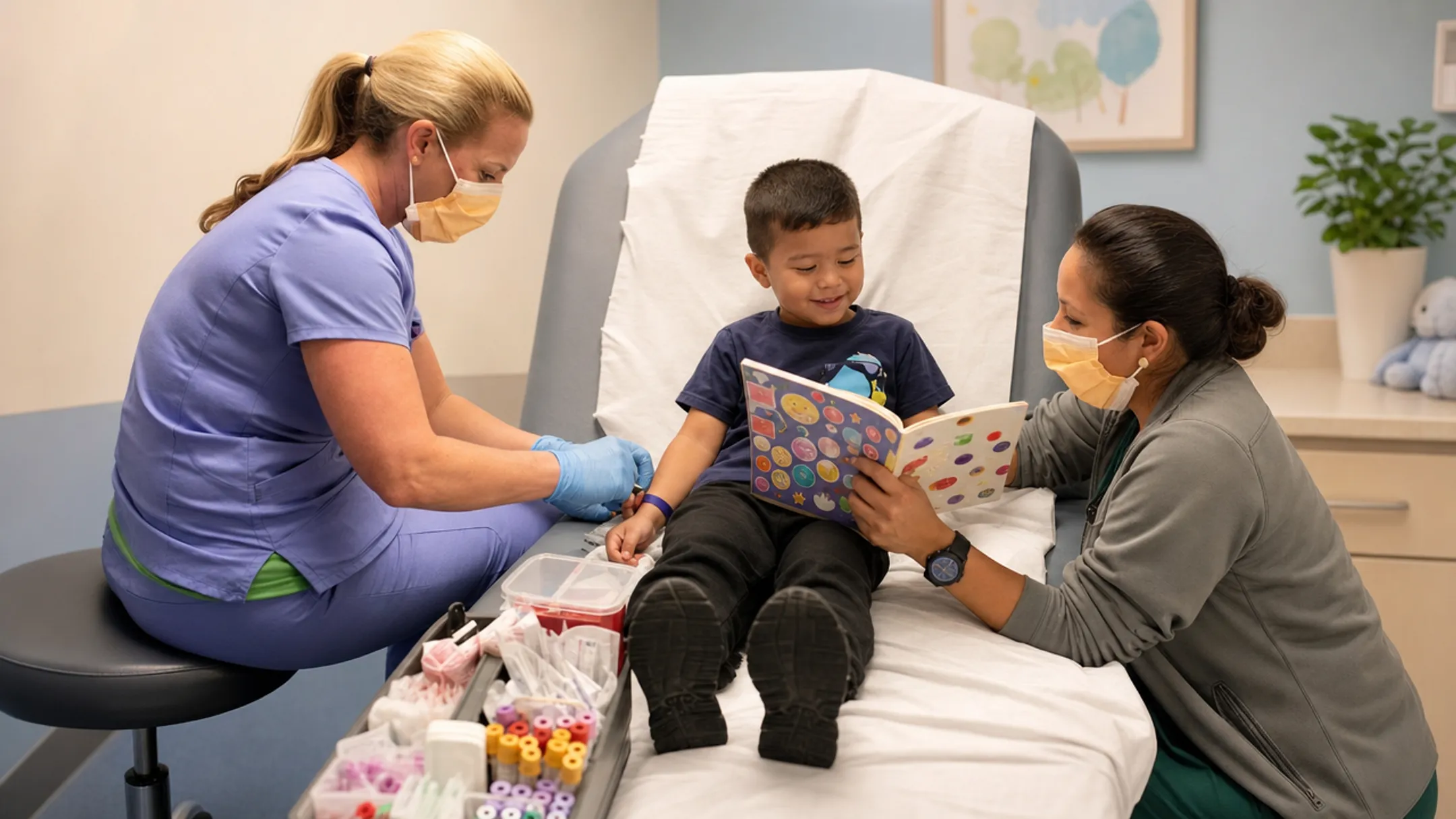 Child Life Specialist comforting young patient during pediatric blood draw procedure