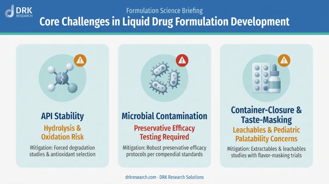 Three major liquid formulation development challenges comparison infographic