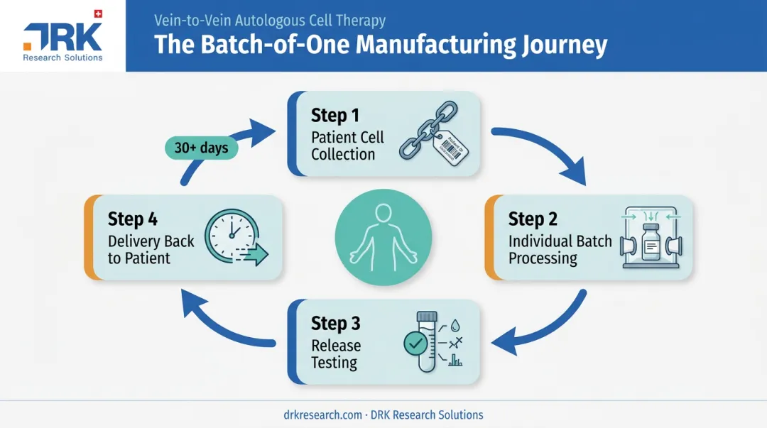 Autologous batch-of-one cell therapy vein-to-vein manufacturing process flow