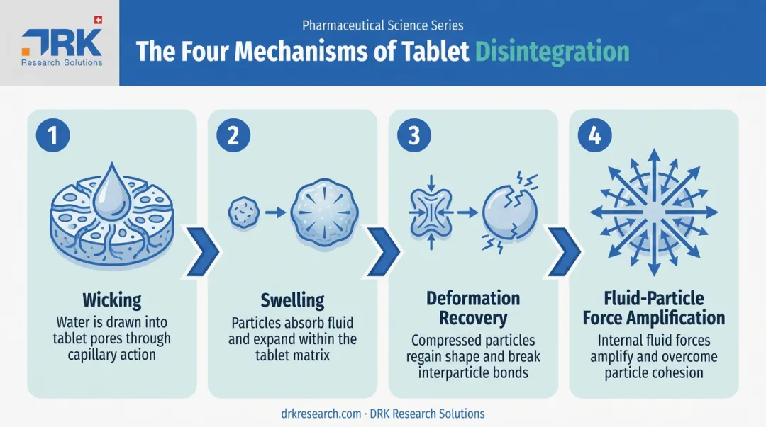 Four mechanisms driving tablet disintegration in IR drug formulations