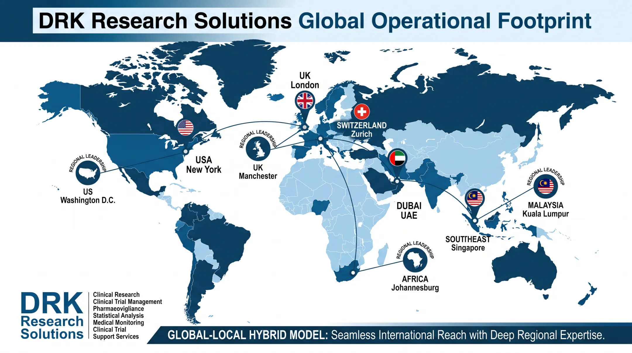 DRK Research Solutions global office network map across five continents