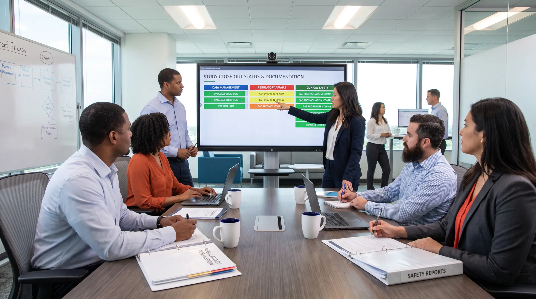 CRO project management team coordinating clinical trial close-out workstreams