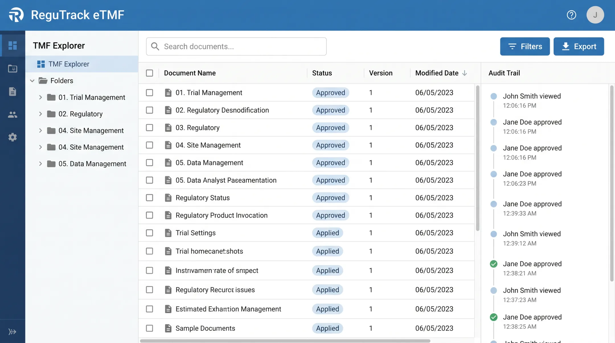 eTMF system dashboard showing organized document zones and audit trails