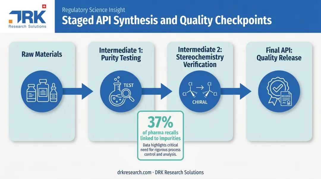 Multi-stage API synthesis process with intermediate quality checkpoints diagram