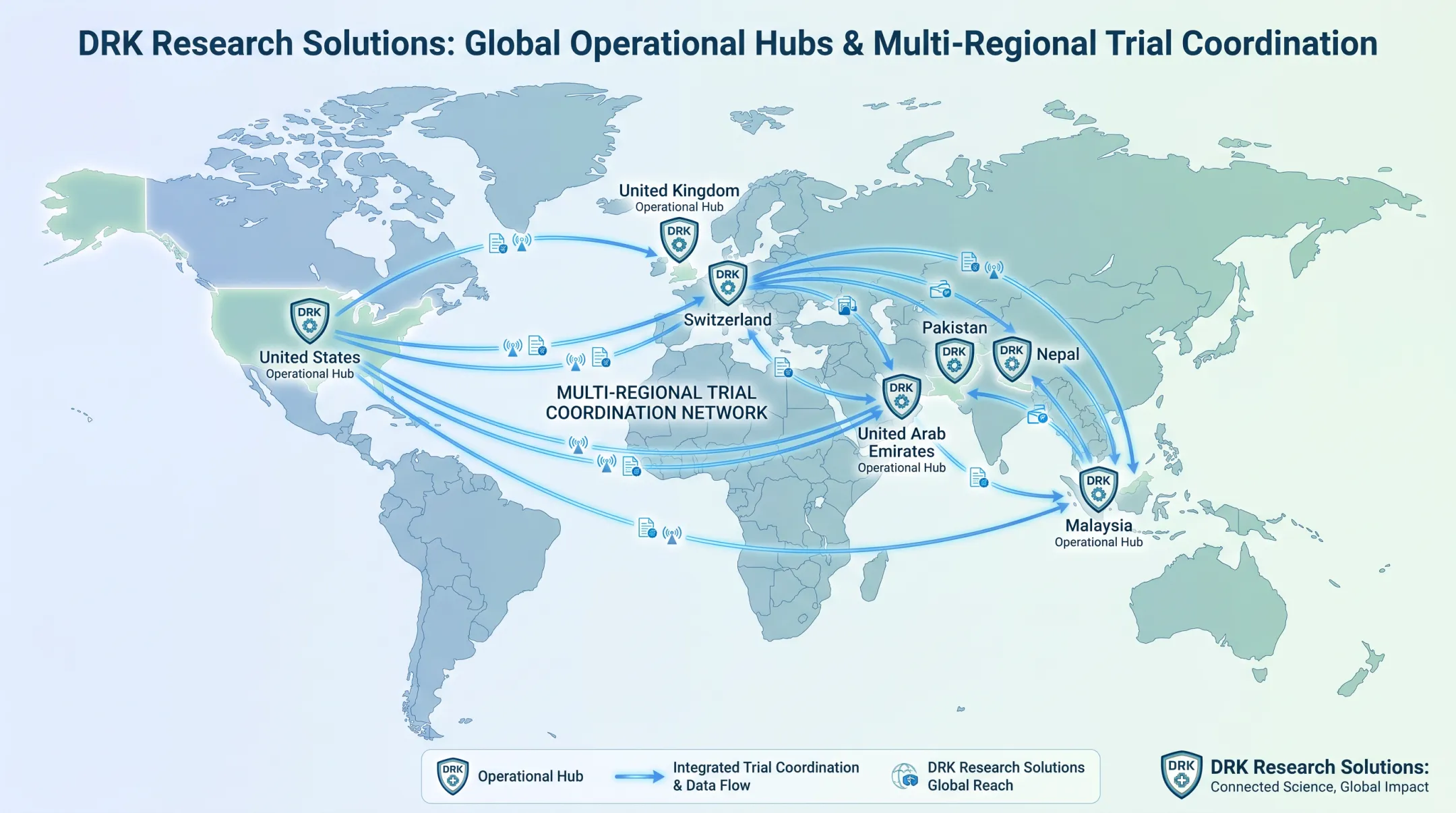 DRK Research Solutions global operational hubs across multiple continents map