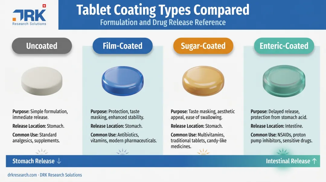 Comparison of uncoated film-coated sugar-coated and enteric-coated tablet types