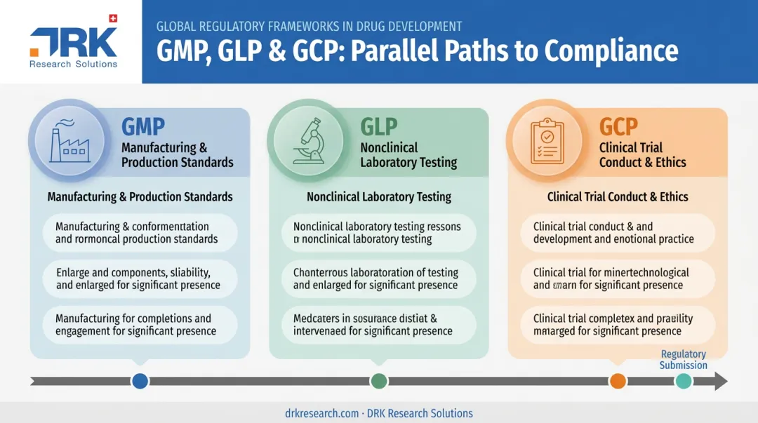 GMP GLP GCP regulatory framework comparison across drug development stages