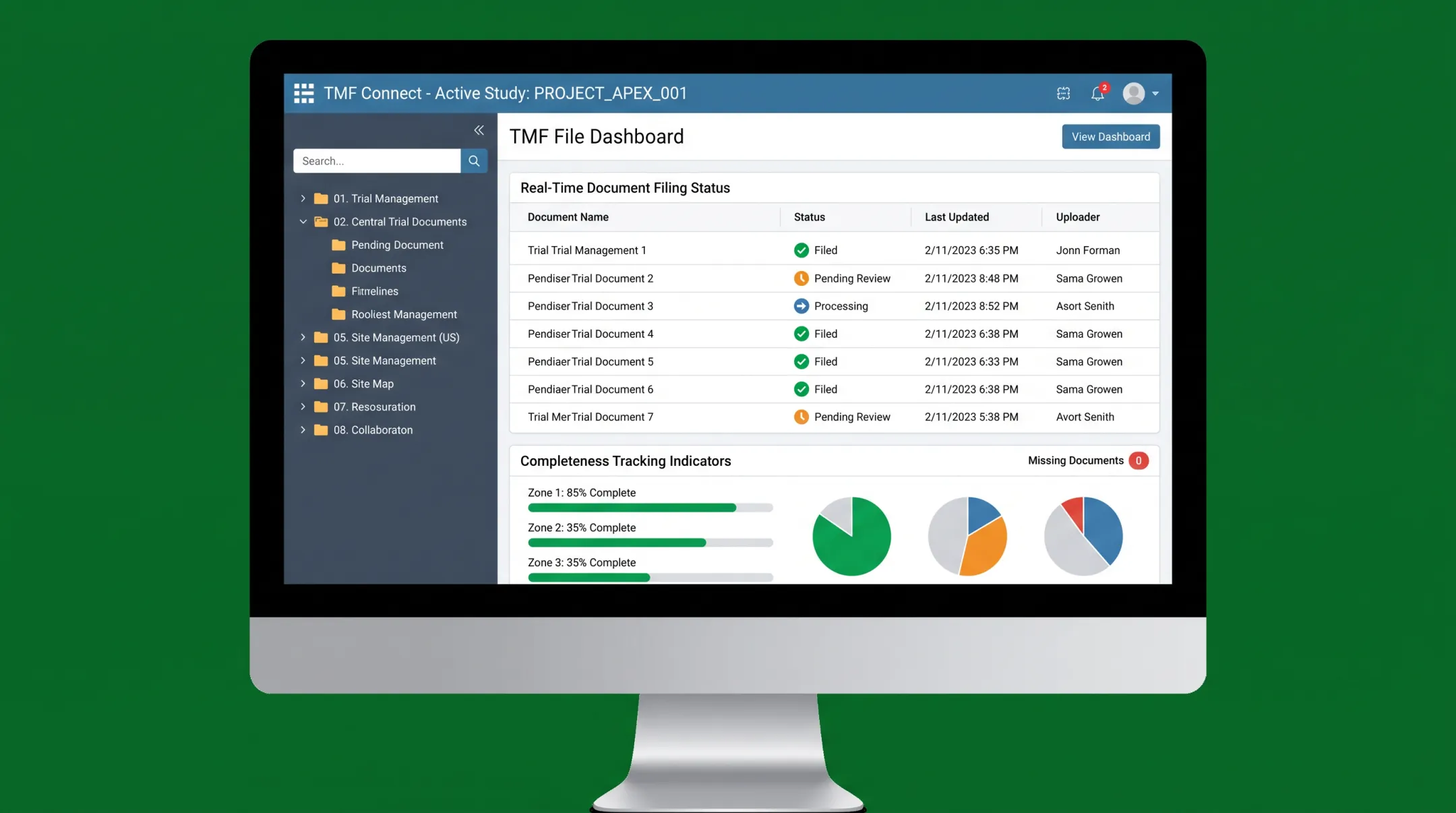 Trial Master File real-time document filing workflow interface