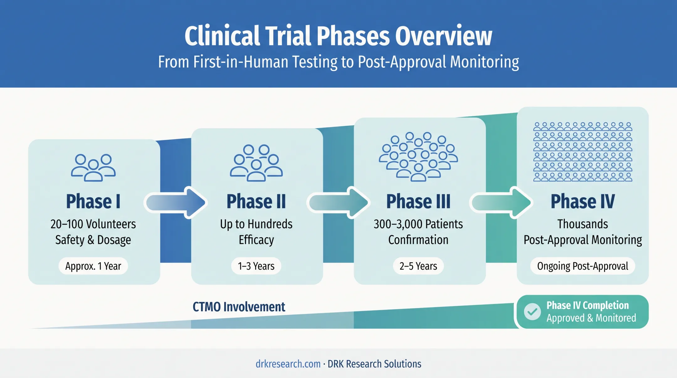 Four clinical trial phases timeline showing patient scale and CTMO involvement