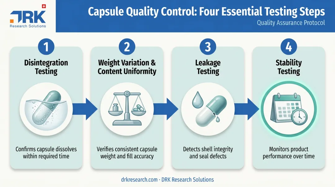 Four-step quality testing process for capsule dosage form batches