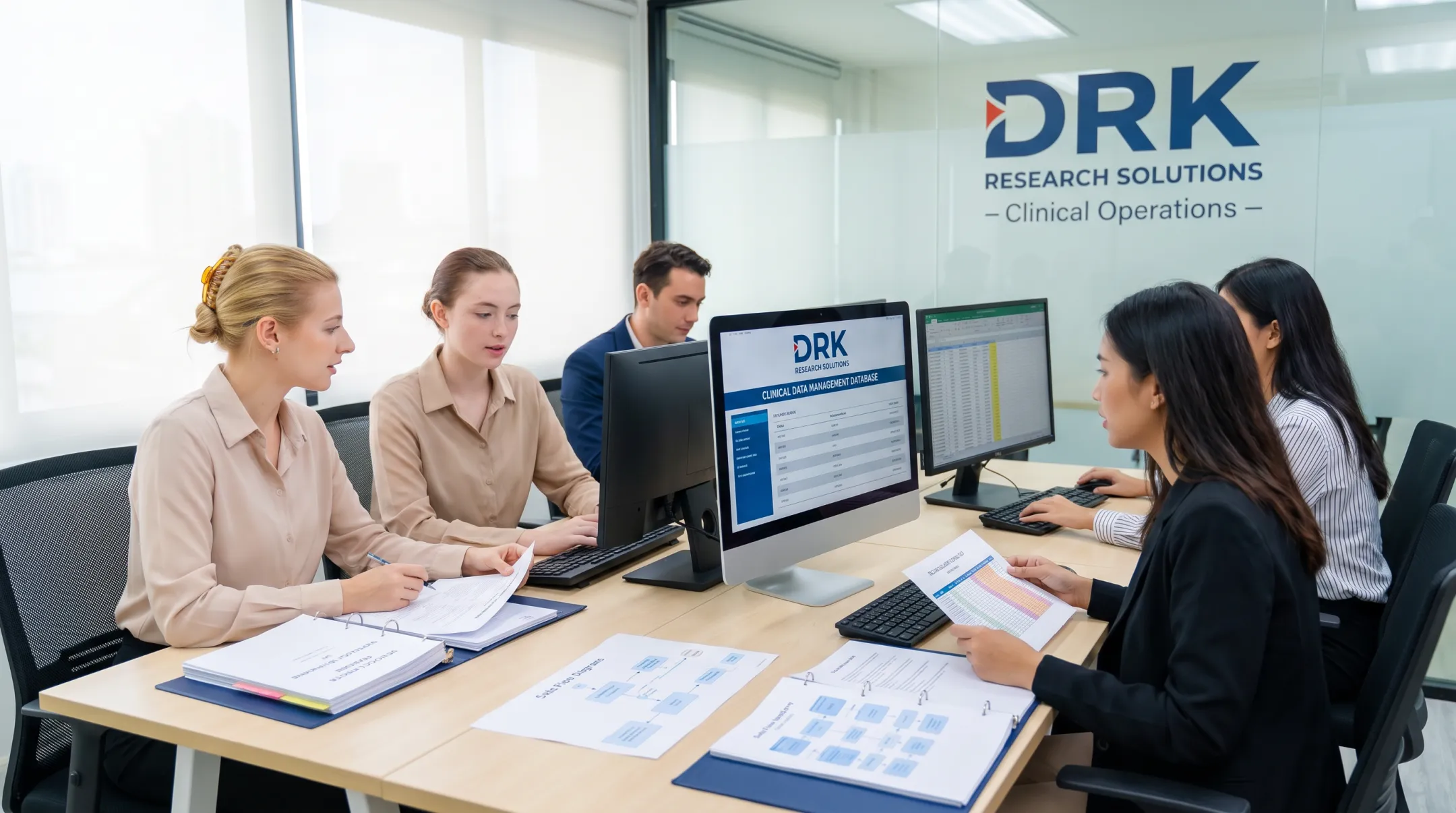 DRK Research Solutions clinical data management team reviewing trial documentation
