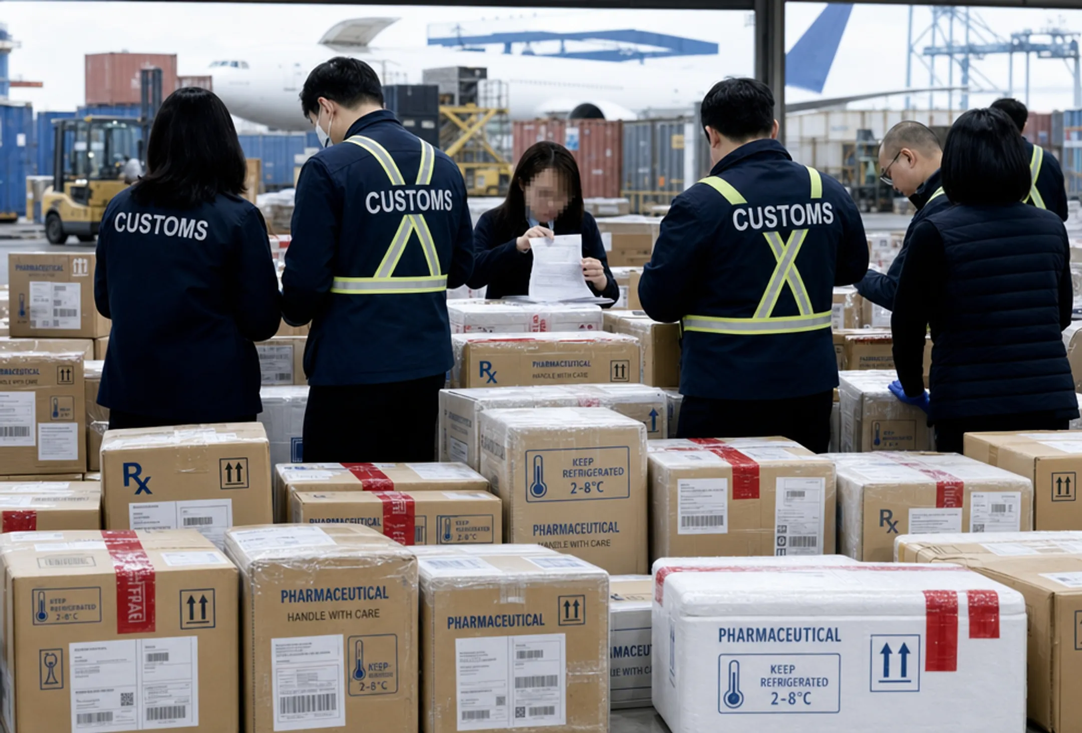 Customs clearance officials inspecting pharmaceutical shipment at international port