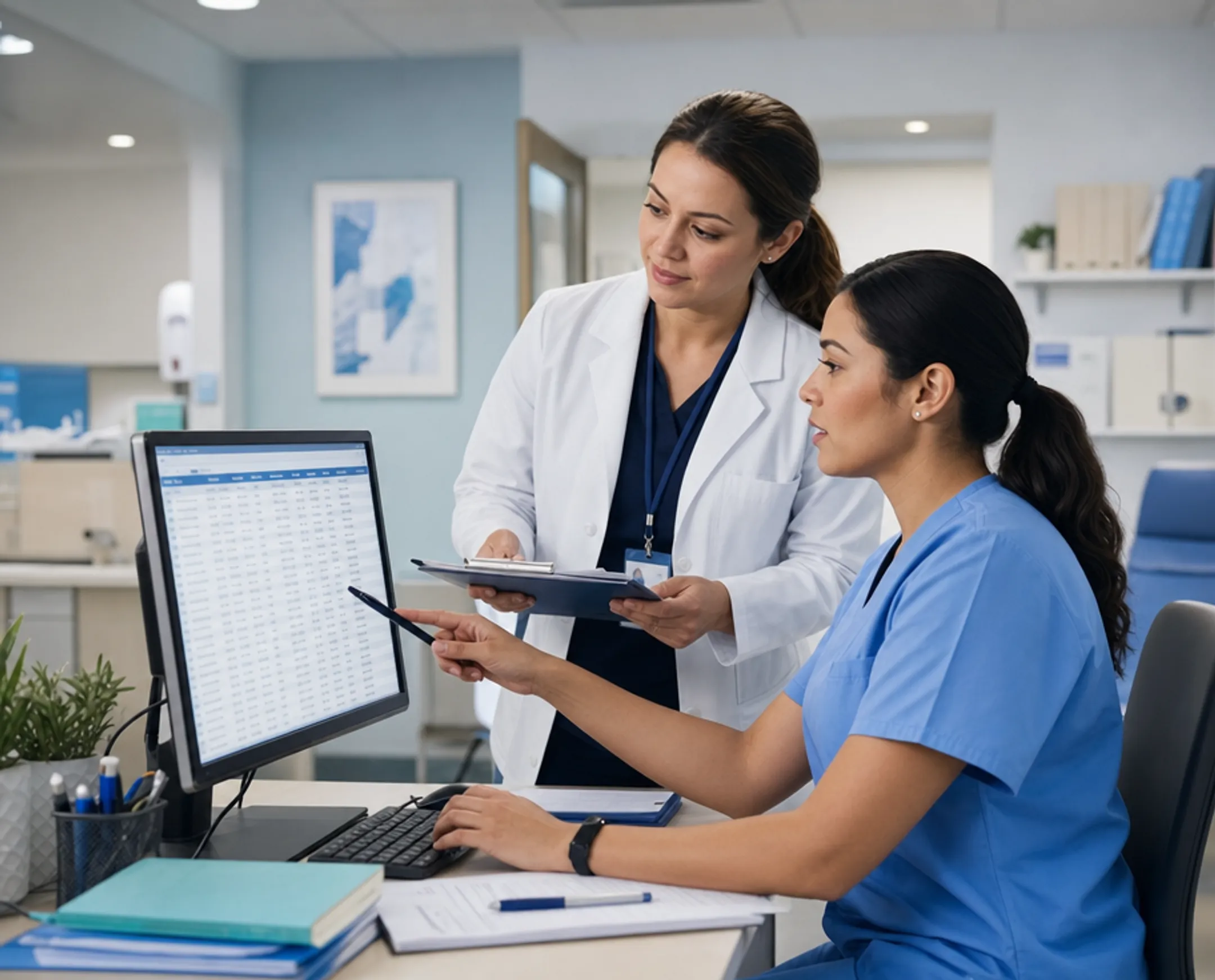 Clinical research site staff reviewing patient enrollment data metrics