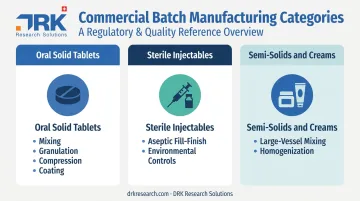 Three dosage form types in commercial batch manufacturing tablets injectables creams