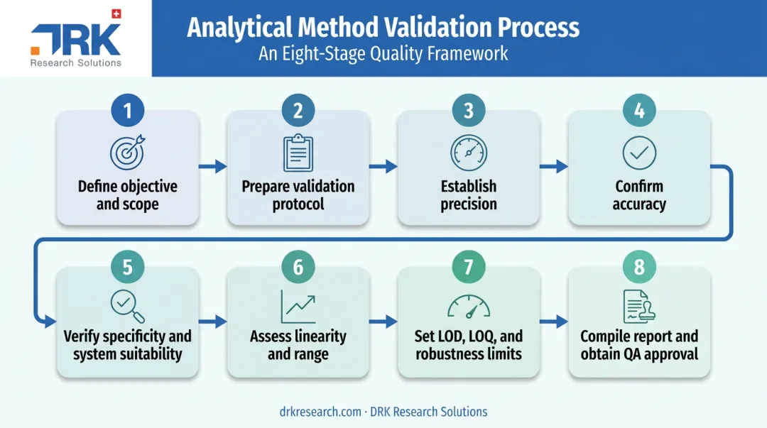 8-step pharmaceutical analytical method validation process flow