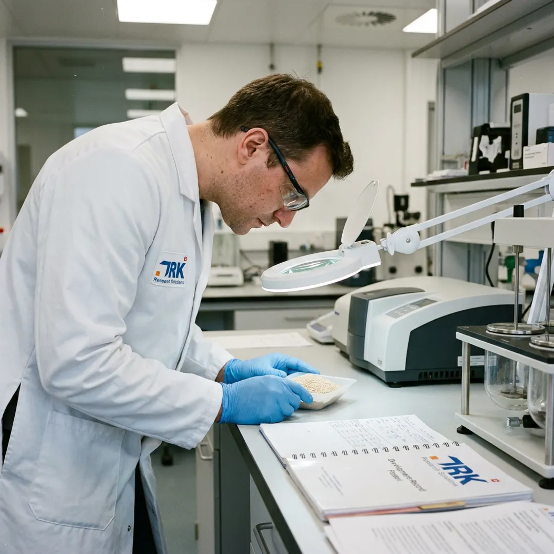 Scientist assessing pharmaceutical granules in a laboratory