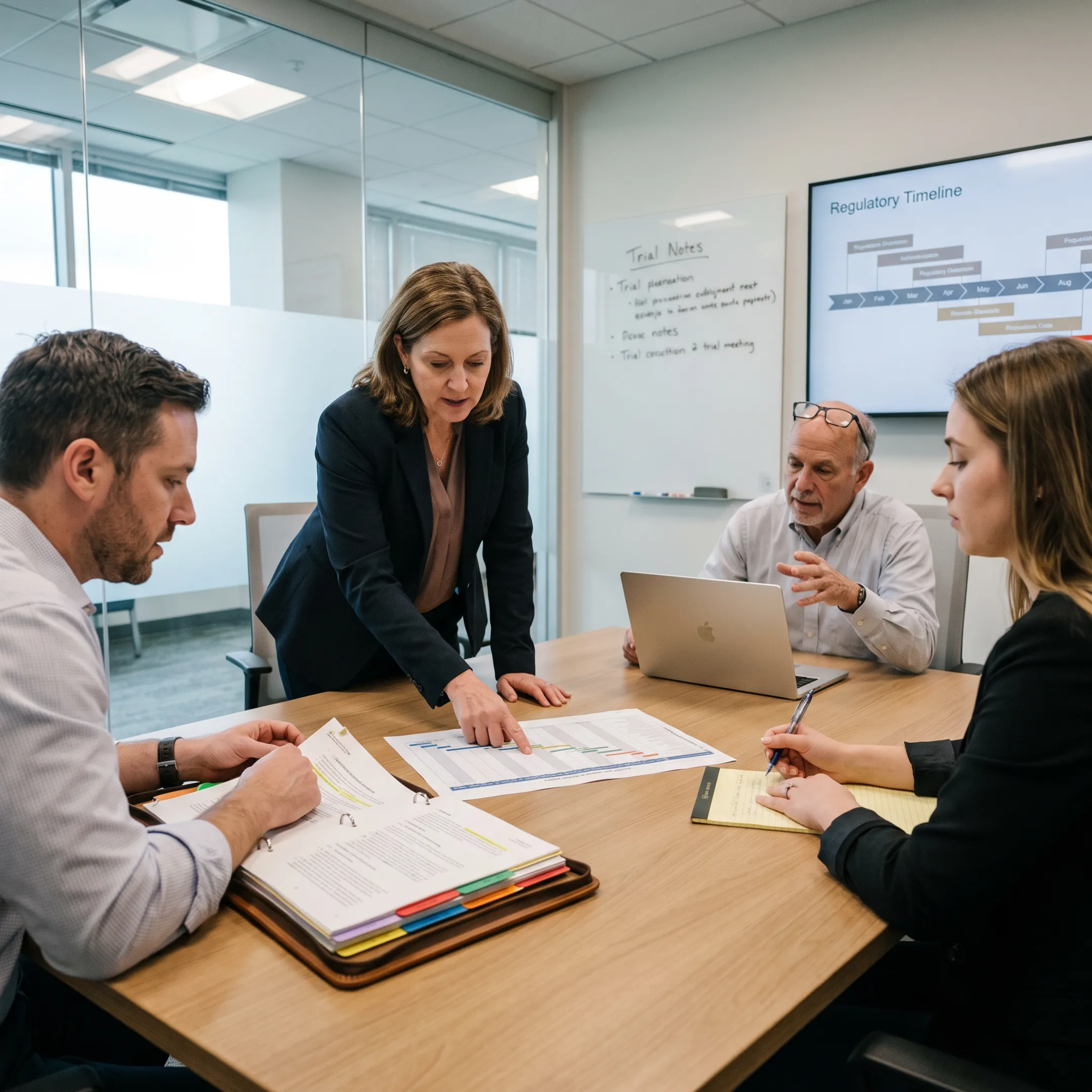 Clinical research team reviewing trial strategy
