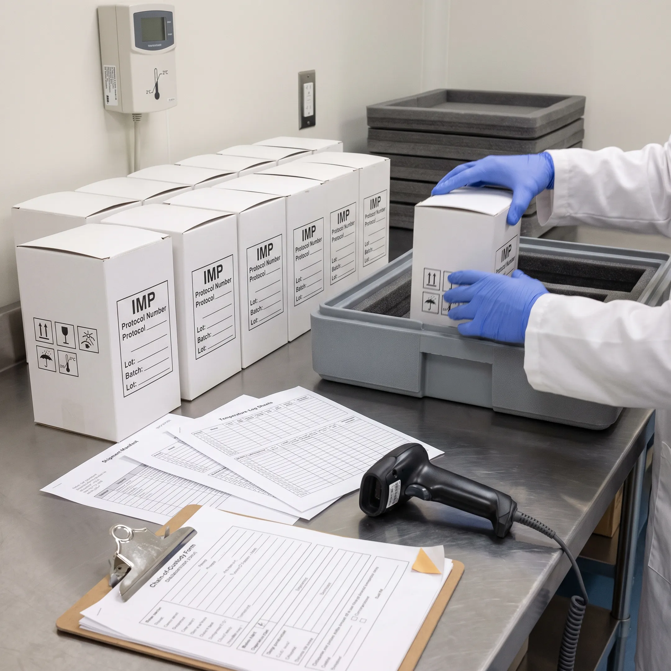 Labeled clinical trial supplies prepared for shipment
