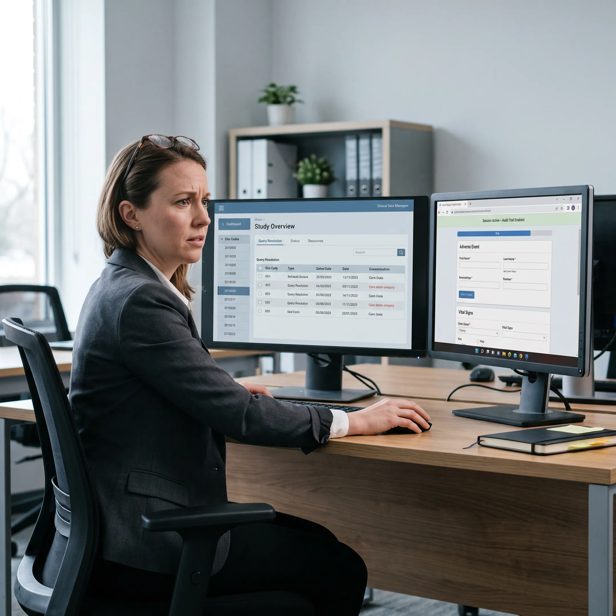 Clinical data manager reviewing trial data