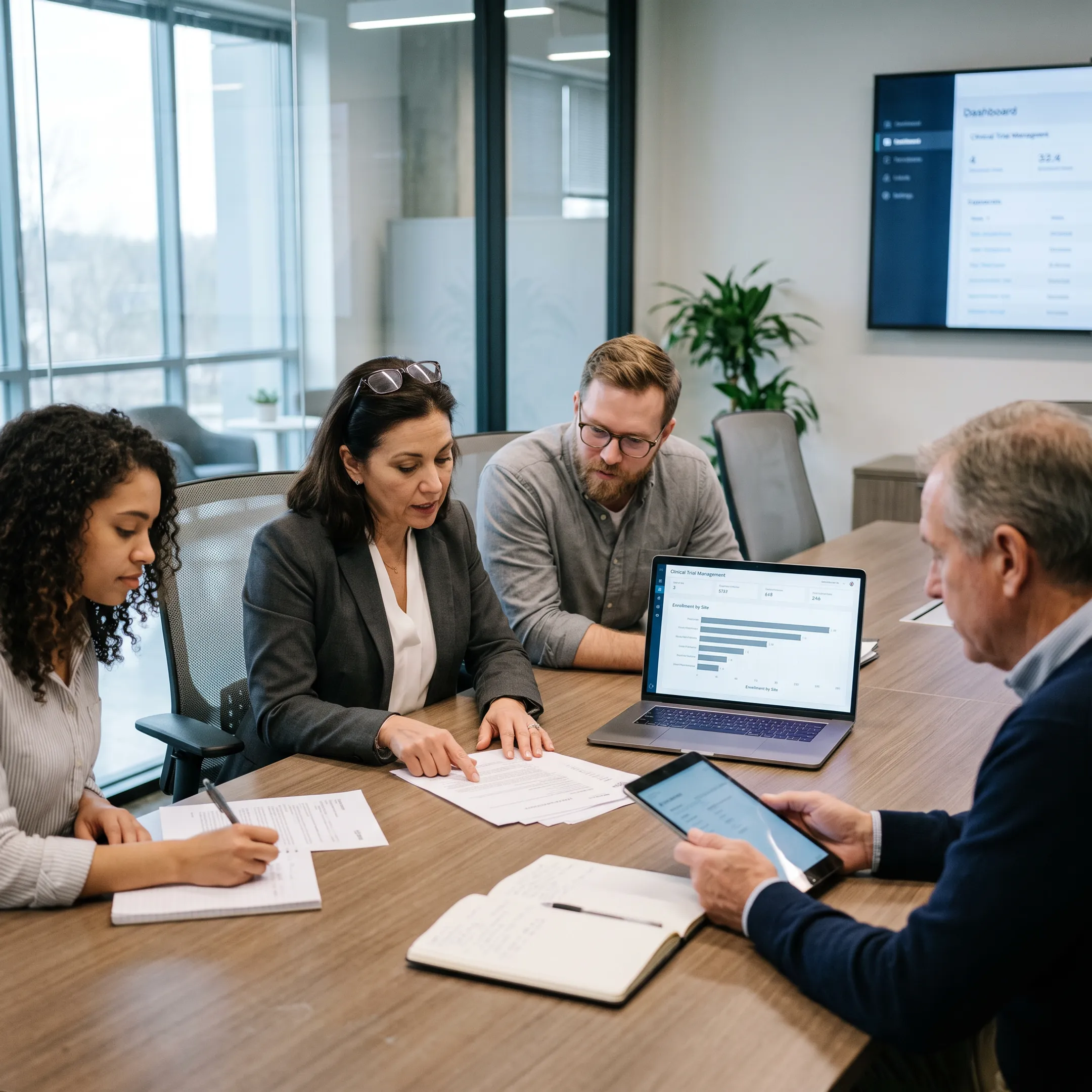 Clinical research team reviewing trial documents