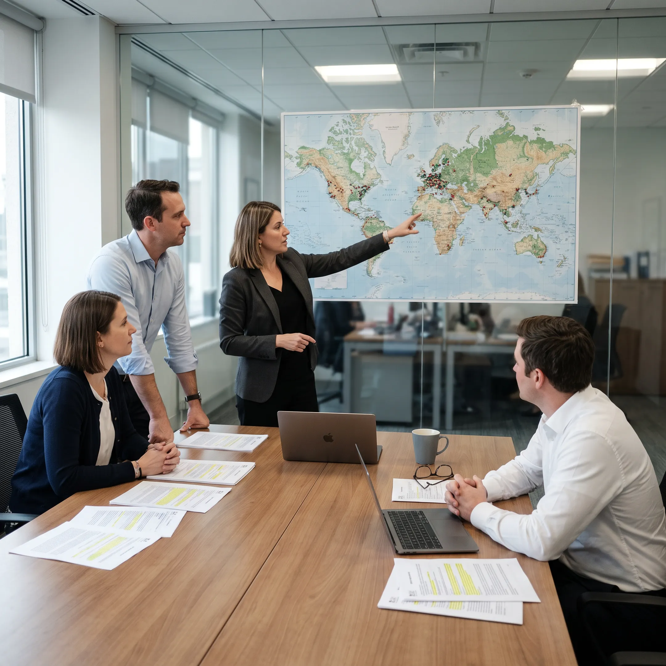 Clinical research team reviewing a global trial plan
