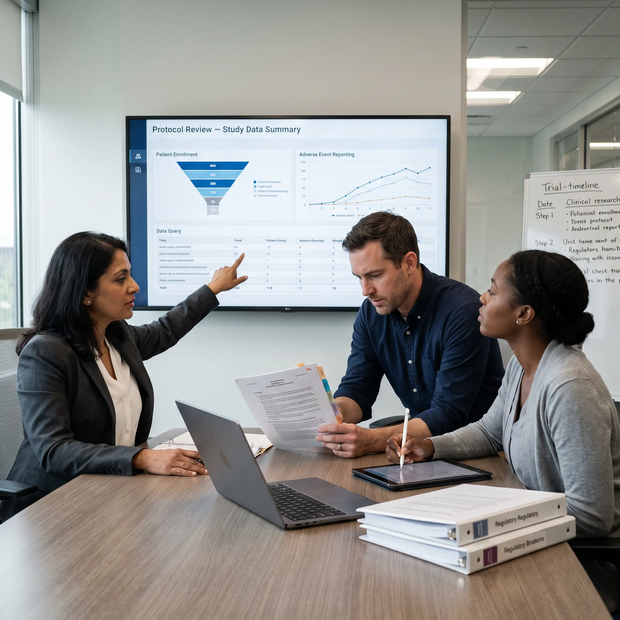 Clinical research team reviewing biotech trial data