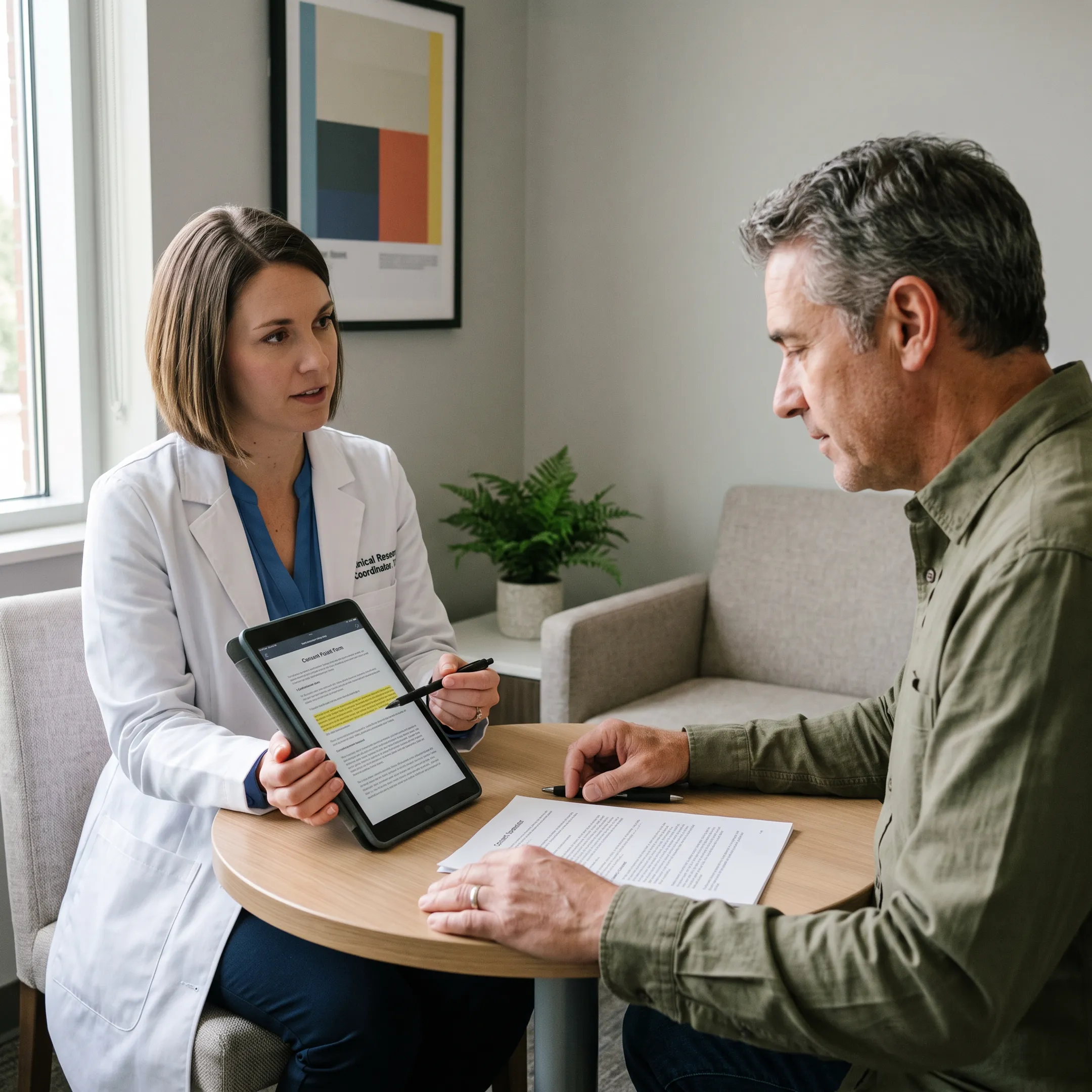 Clinical research coordinator discussing trial participation with a patient