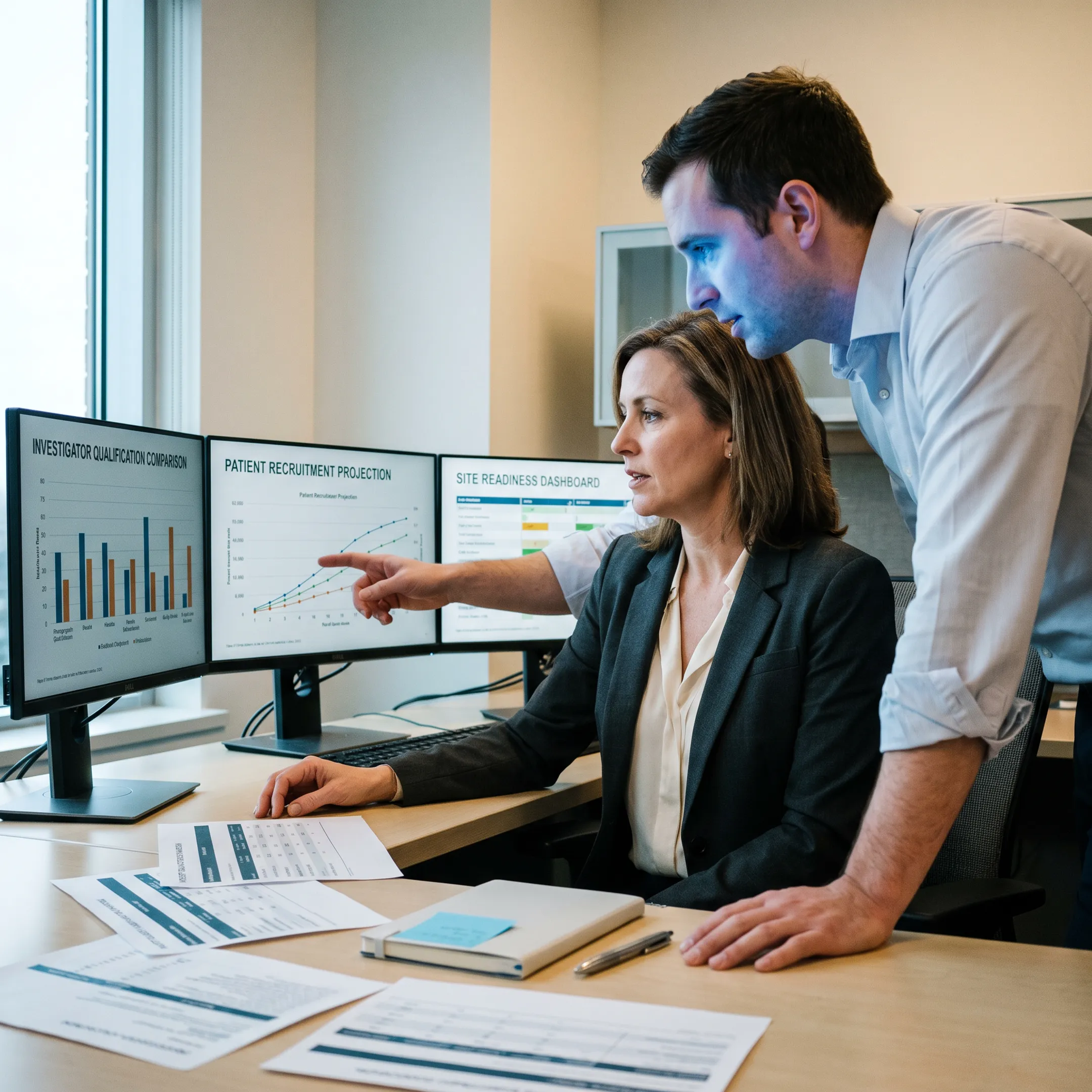 Site selection specialist evaluating clinical trial data