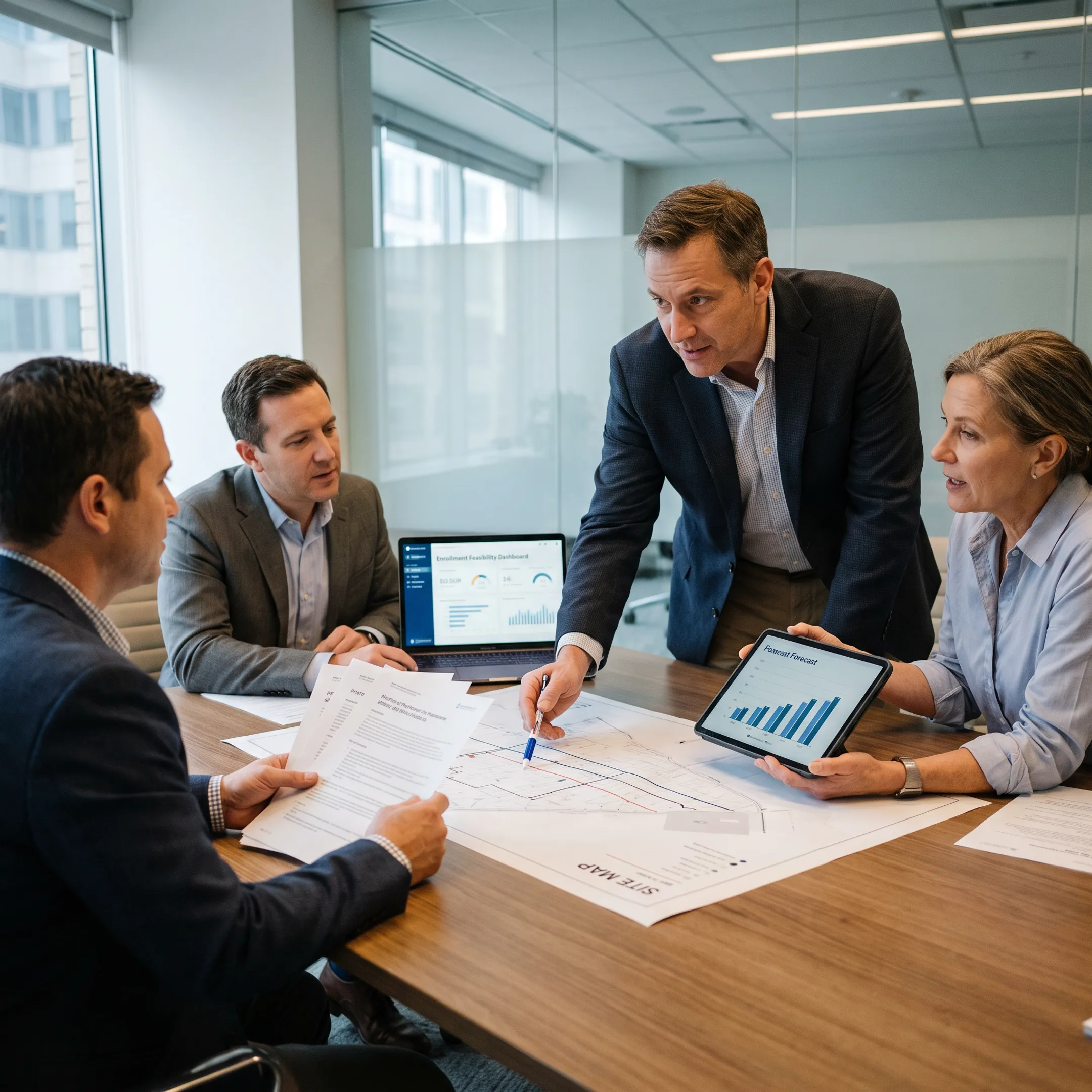 Clinical research team reviewing trial feasibility data
