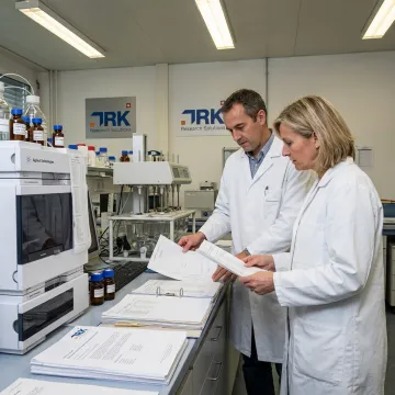 Pharmaceutical team reviewing formulation development data