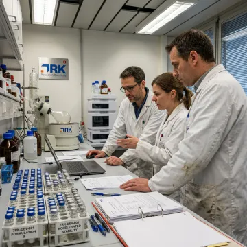Scientists reviewing pharmaceutical formulation data