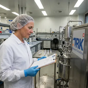 Pharmaceutical scientist reviewing pilot-scale manufacturing equipment