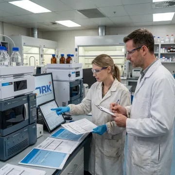 Pharmaceutical scientists reviewing product development data