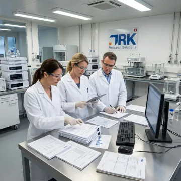 Pharmaceutical team reviewing drug product development data