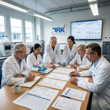 Drug development team reviewing laboratory data