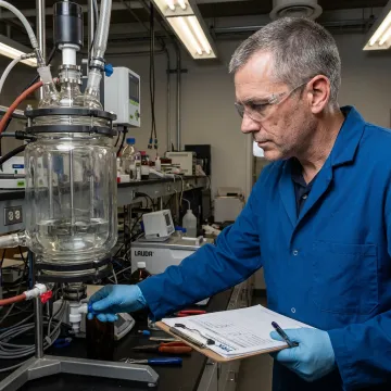 Chemist operating laboratory reactor for API process development