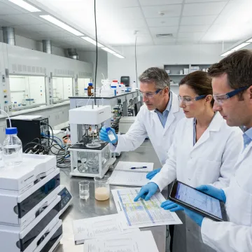 Scientists reviewing pharmaceutical development data in a laboratory