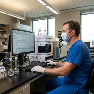 Scientist reviewing reaction screening results