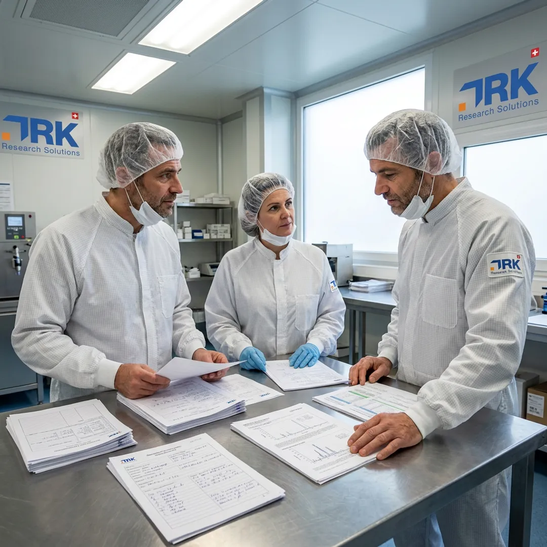 Team reviewing pharmaceutical manufacturing transfer documentation