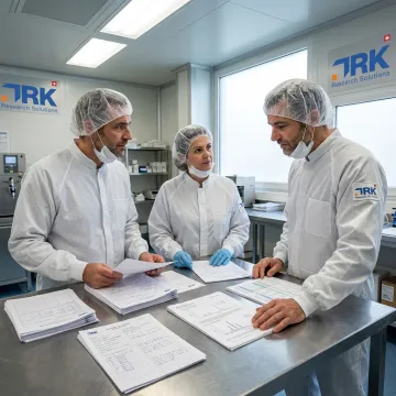 Team reviewing pharmaceutical manufacturing transfer documentation